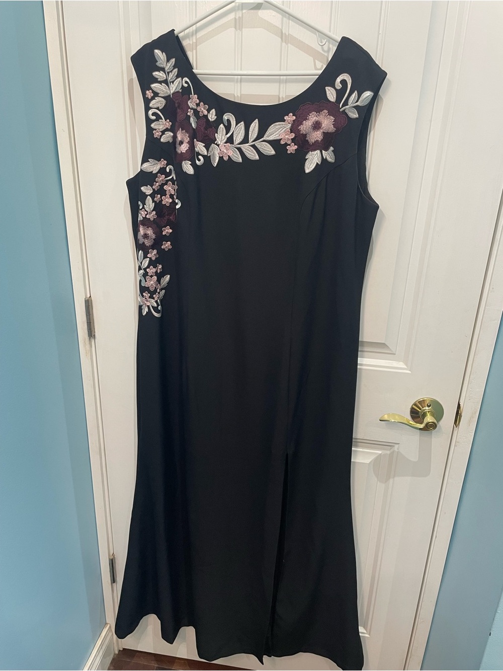 Black Sleeveless Maxi Dress with Pink and Cream Floral Embroidery